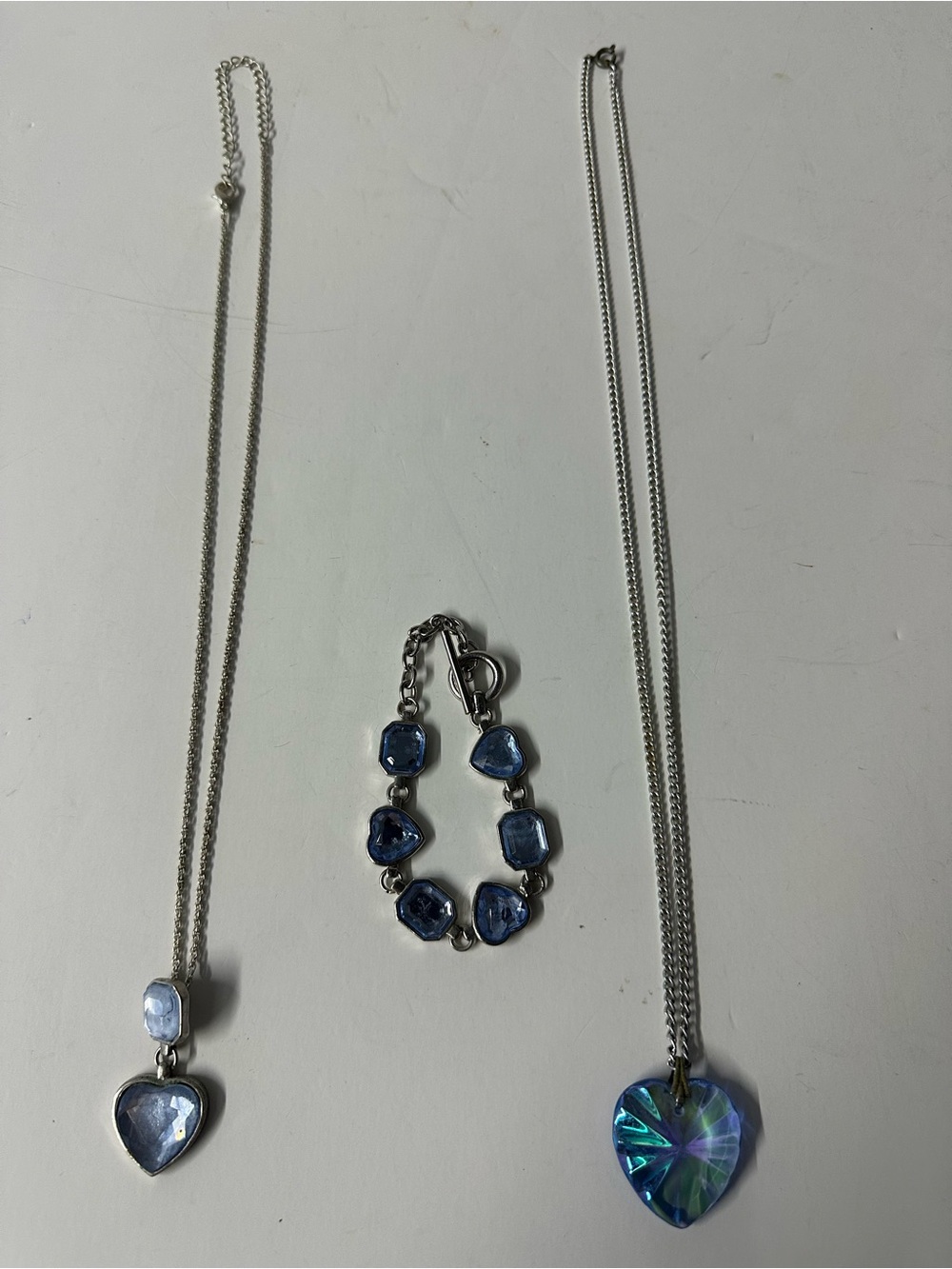 Vintage Blue Heart Pendant Necklaces & Blue Stone Bracelet Set